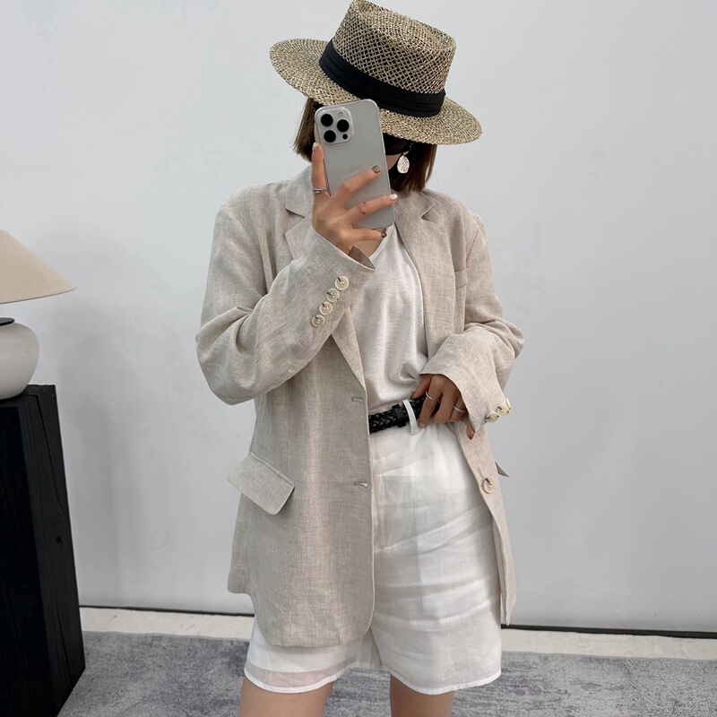 Spring and Summer New Style Women's 100% Linen Long-Sleeved Suit Jacket Cardigan Fashionable Versatile Casual Elegant Top Knitwear
