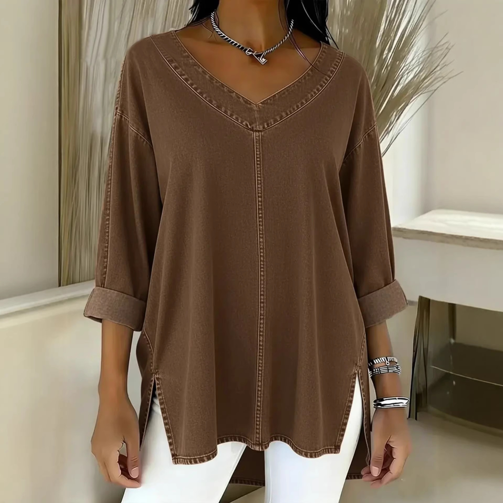 Women's Denim V Neck Top Street Fashion Spring New Arrival_ecoleips.com