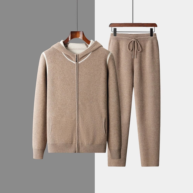 Men's Hooded Air Layer Thickened Plain Cashmere Sweater Loose Casual Knitted Wool Sweater Cardigan Suit Wholesale