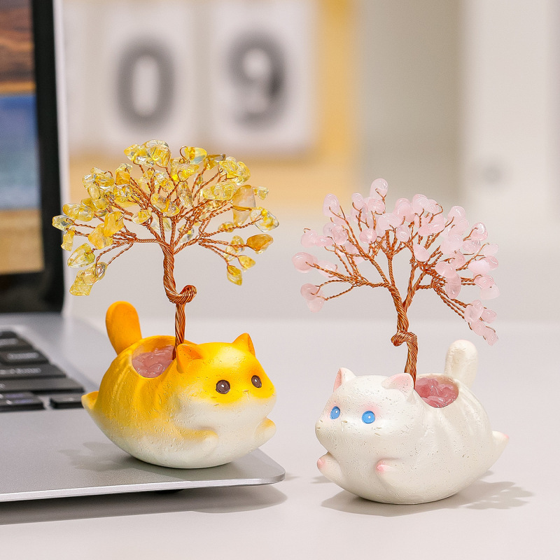 猫猫水晶PAL天然原始工位装饰品高级感水晶发财树黄色水晶紫水晶|undefined