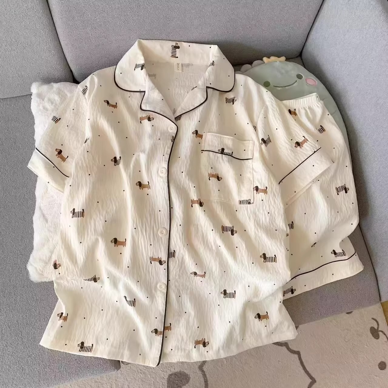 Nube de algodón pareja pijama mujer verano nuevo impresión de dibujos animados pantalones cortos de mangas cortas dos conjuntos de ropa para el hogar dormitorio de estudiantes