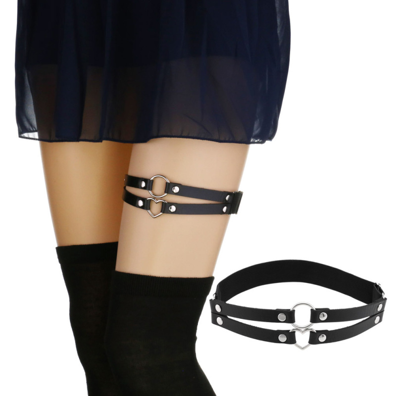 Cross-border personality temperament sexy punk style double-line ring leather thigh ring peach-shaped love-shaped elastic garter belt Cross-border personality temperament sexy punk style double-line ring leather thigh ring peach-shaped love-shaped elastic garter belt