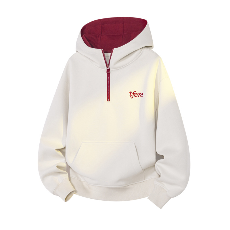 Felpa con cappuccio e mezza zip ricamata in stile americano da uomo, marca di tendenza autunnale, cotone pesante 400 g, stile streetwear alla moda per uomo_voghion.com
