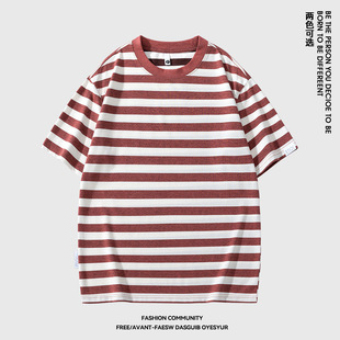 [Berlin Clothing] Men's Round Neck T-Shirt Summer New Casual Loose Trendy Brand Short-Sleeved Stripesd Top