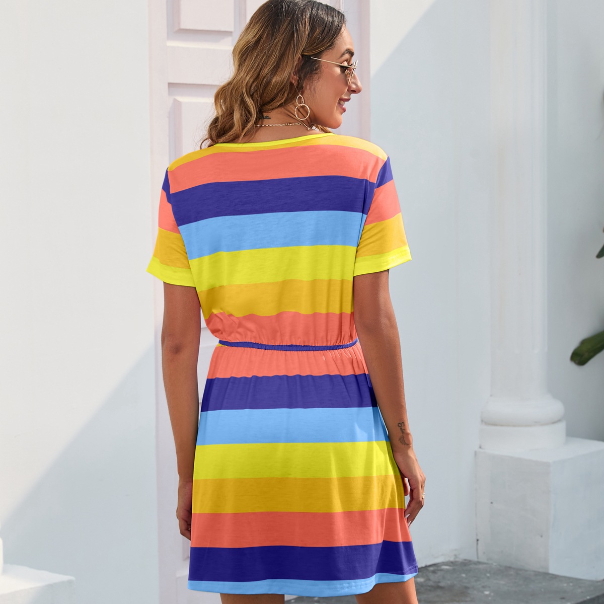 Women Round Neck Striped Printed Jumpsuit Short Sleeve Pajamas Casual Dress