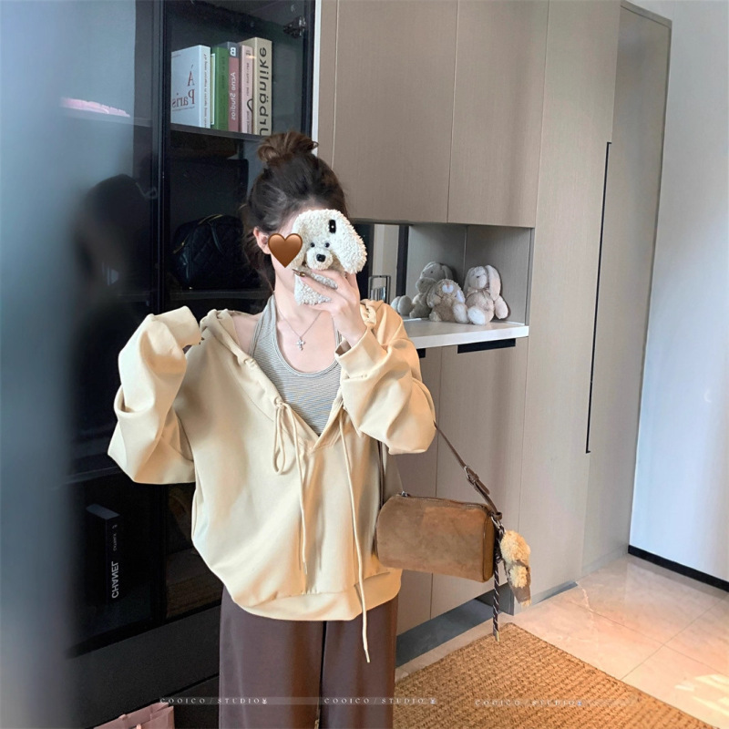 韩系抽褶连帽长袖卫衣女设计感2025秋季新款慵懒风辣妹宽松上衣潮|undefined