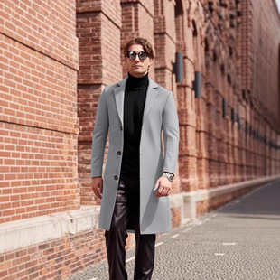 2025 European and American Hot-Selling Men's Trendy Windbreaker British Classic European and American Size Woolen Classic Elegant Over-The-Knee Jacket