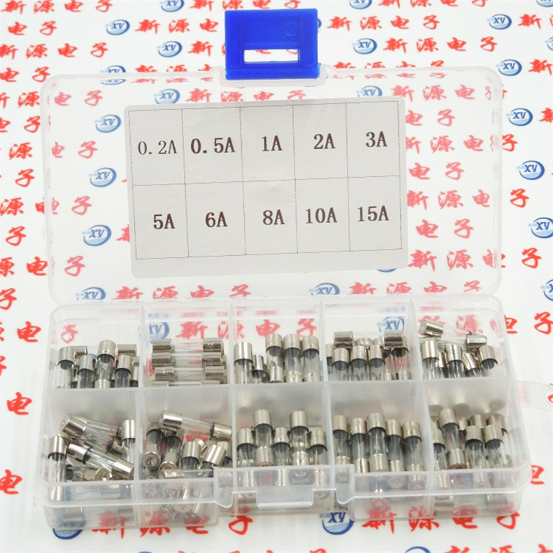 玻璃保险丝管 5×20mm 0.2A~15A 250V 100个快熔断型混装包元件盒