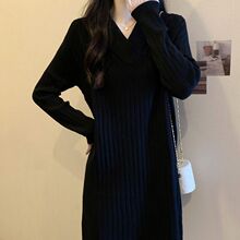 大码女装气质领遮肚子针织裙2025年秋冬新款胖新品长袖显瘦连衣裙