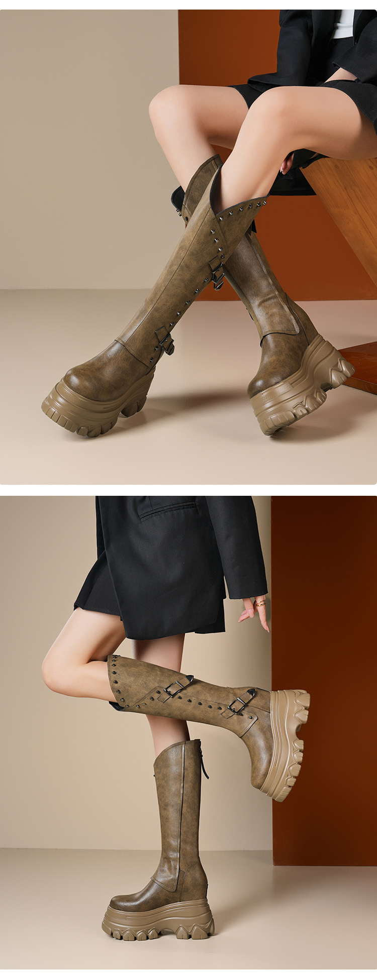 Boot nữ cổ cao ôm bắp chân đế xuồng tăng chiều cao 12 cm — Lót nhung đen chi tiết 4