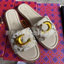 2026外贸C款法式风外穿金属扣女鞋潮流帆布面经典老花凉拖沙滩鞋