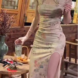 新中式改良国风旗袍短袖连衣裙女夏季纯欲性感紧身包臀开叉长裙子