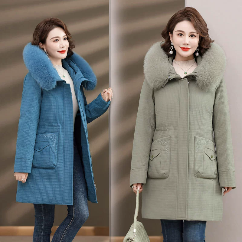 Пуховик для матери, женская теплая зимняя одежда средней длины с воротником из лисьего меха, парка среднего возраста, утепленное пальто для среднего и пожилого возраста