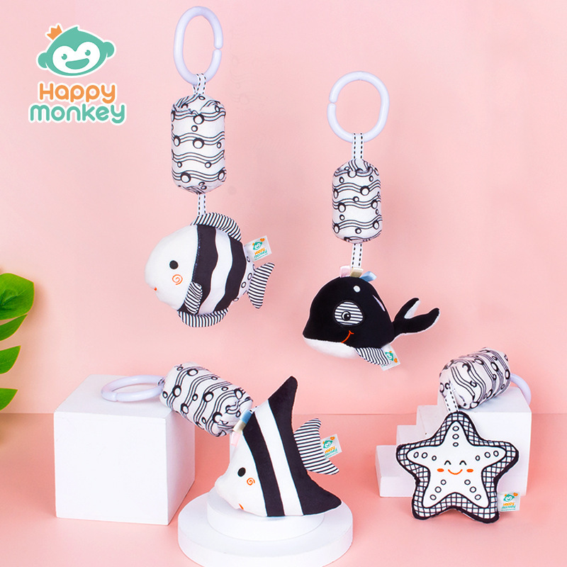 Juguete colgante para cuna Happymonkey, en blanco y negro, para recién nacidos, con campanas de viento, estimulación visual, juguete educativo temprano para bebés.
