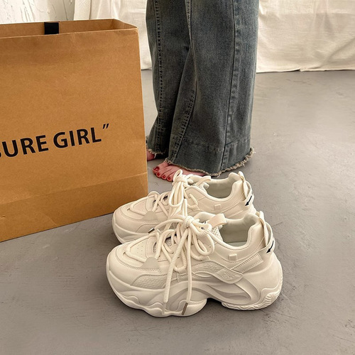 European Station Thick Bottom Dad Shoes Women's Spring and Autumn Street Show Small Feet 2024 New Height Increase Casual Sports Shoes 