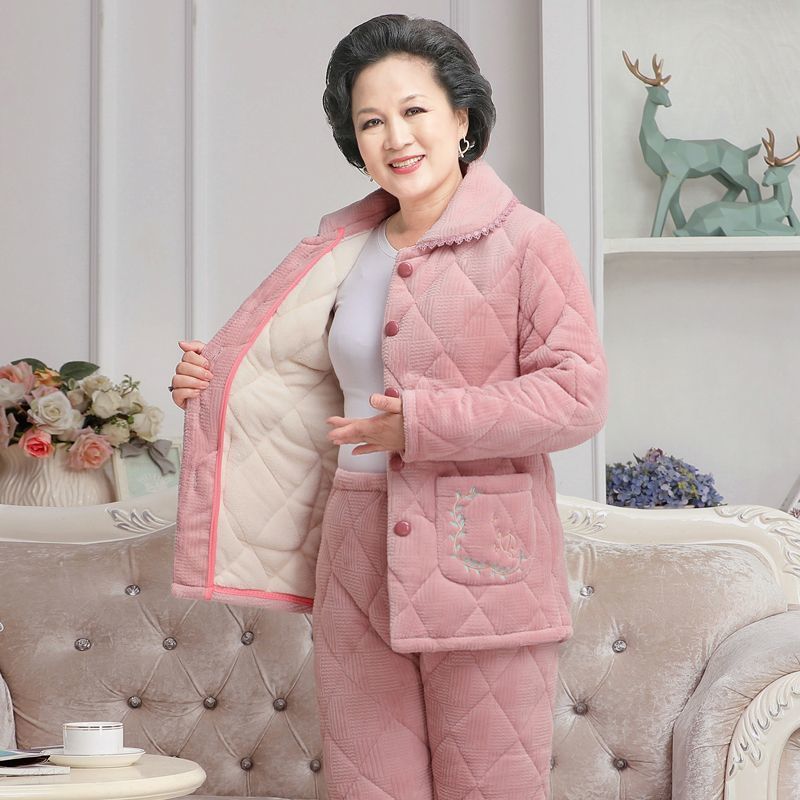 秋冬季珊瑚绒夹棉睡衣女中老年人中年妈妈三层加厚加绒保暖家居服