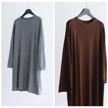 60支桑蚕丝羊毛混纺ROW时髦中长款针织衫圆领宽松套头罩衫秋冬女