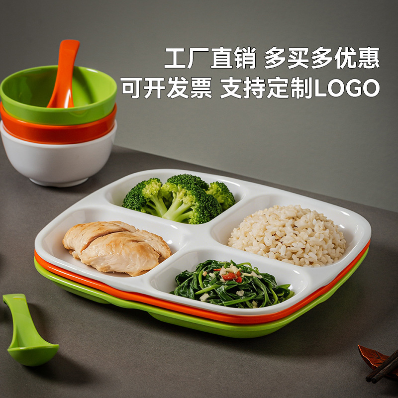 Commercial A8 Melamine Divided Plate with Four Compartments, Special Fast Food Plate Set for School and Factory Canteens, Multi-Compartment Plate Tableware Commercial A8 Melamine Divided Plate with Four Compartments, Special Fast Food Plate Set for School and Factory Canteens, Multi-Compartment Plate Tableware