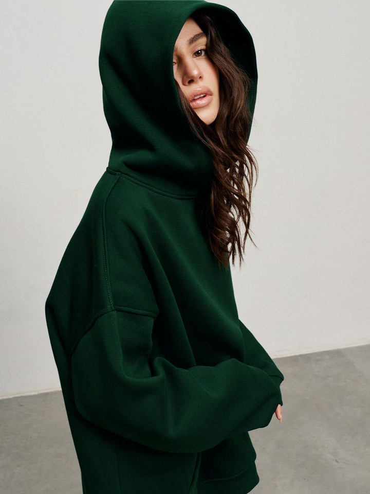 Áo hoodie nỉ lông dáng rộng có mũ và túi, tay dài, dáng unisex — Màu cà phê, Màu hồng, Màu xám, Màu đen chi tiết 53
