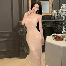 WDS4916欧美2025跨境外贸批发性感吊带亮片修身开叉礼服连衣长裙