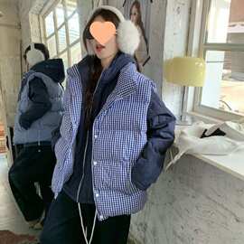 新款韩系高级感蓝色格子棉衣马甲女冬季加厚面包棉袄外套马夹上衣