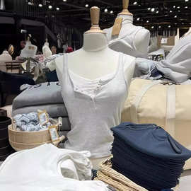 BM风新款圆领五粒扣暗扣浅麻灰纽扣吊带背心女bm内搭弹力紧身上衣