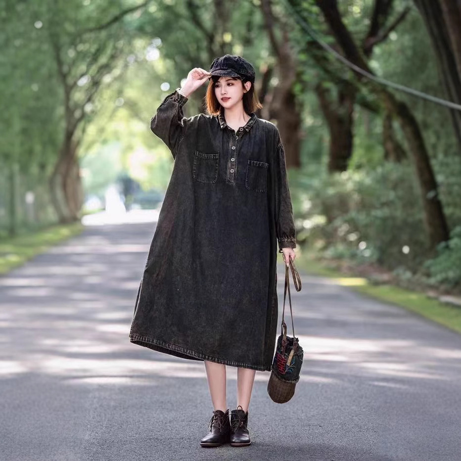 Retro denim long dress