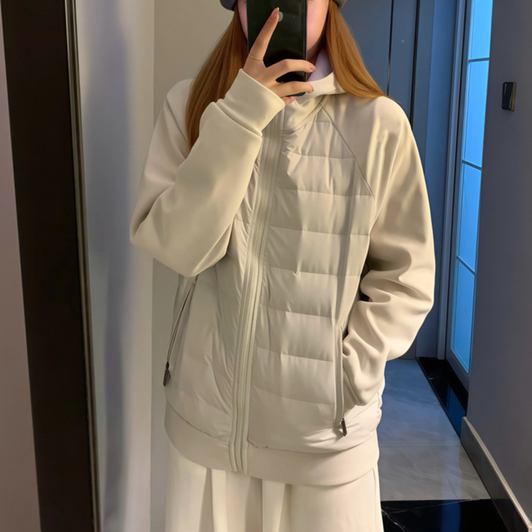 Sweatshirt Spliced ​​Rib down Jacket Women's Short 2025 Autumn and Winter New Style Light and Loose 90 White Duck down Couple Jacket