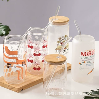 定制亚马逊跨境吸管可乐杯高硼硅蒙砂玻璃竹盖奶茶咖啡杯果汁杯