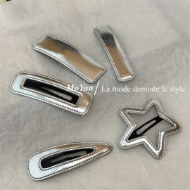 韩版简约银色皮质发夹女金属五角星刘海夹bb夹子气质边夹侧边发卡