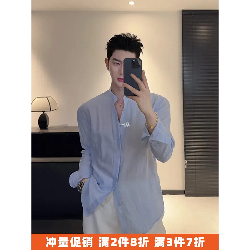 New Chinese Style Stand Collar Casual Shirt for Men, Thin Linen Breathable Pleated Shirt in Lemon Green, Black, White, Light Blue