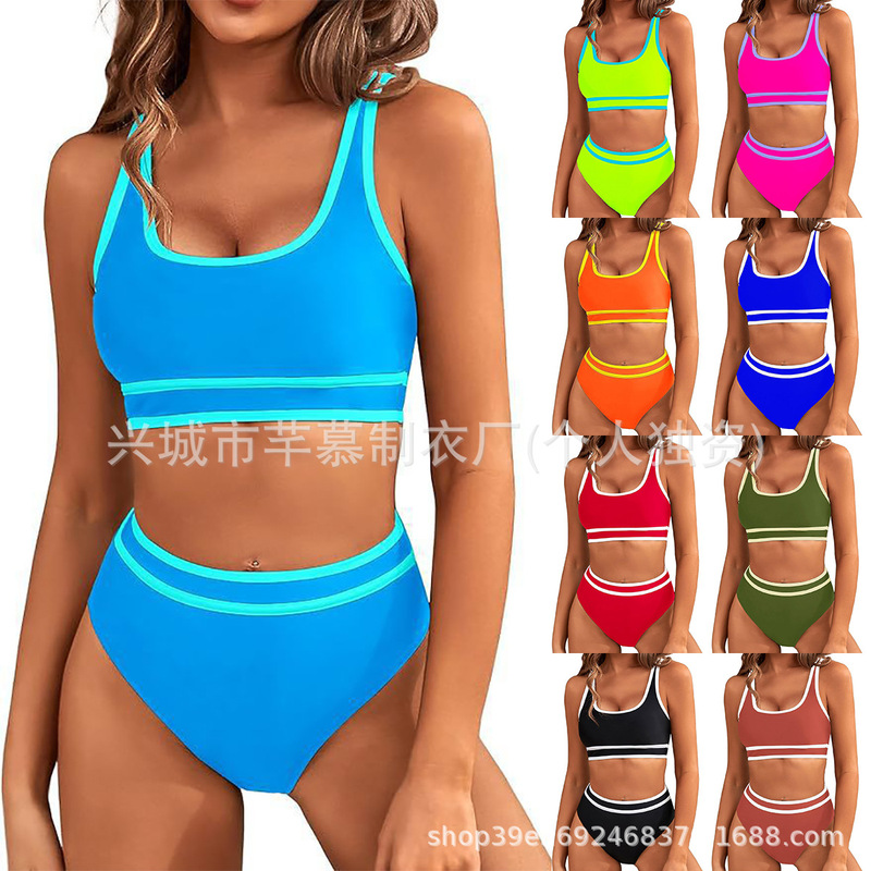 European and American Foreign Trade Cross-border Swimsuit Women's Split Bikini Tight Sexy Solid Color Amazon Explosions in stock Swimsuit Women