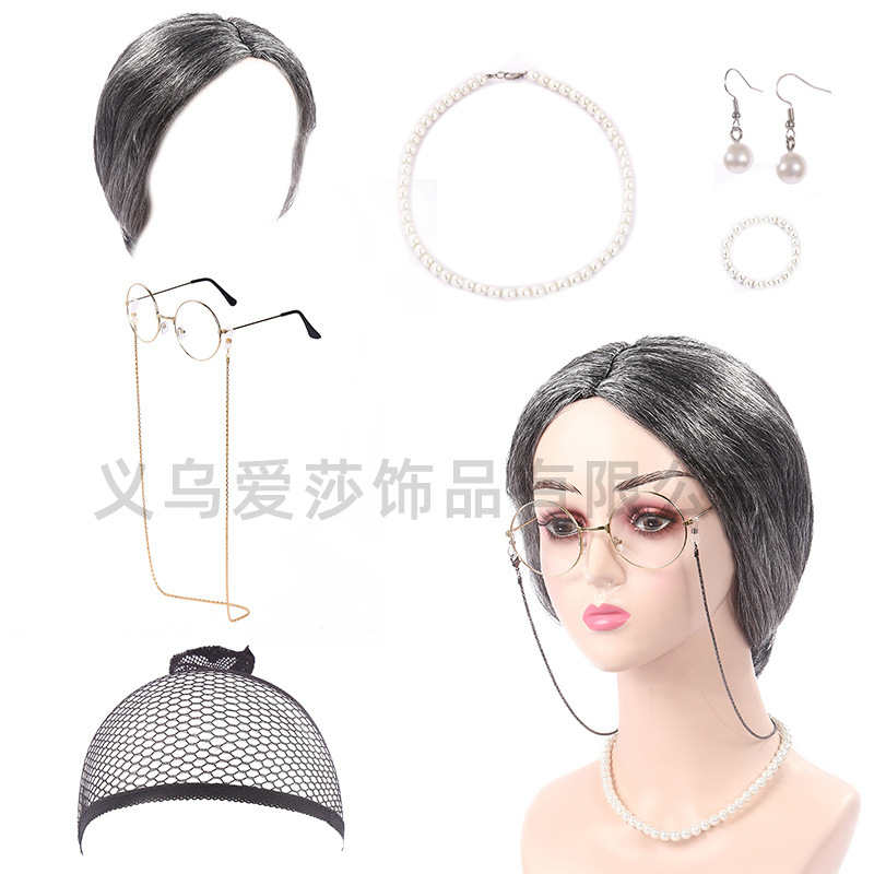 Old Man Wig cosplay Granny Dress Up Suit Halloween Ball Stage Play Wig Set Old Man Suit