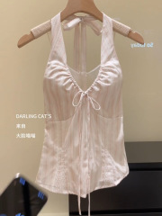 纯欲风粉色v领系带挂脖背心女夏季新款修身褶皱内搭露肩无袖上衣