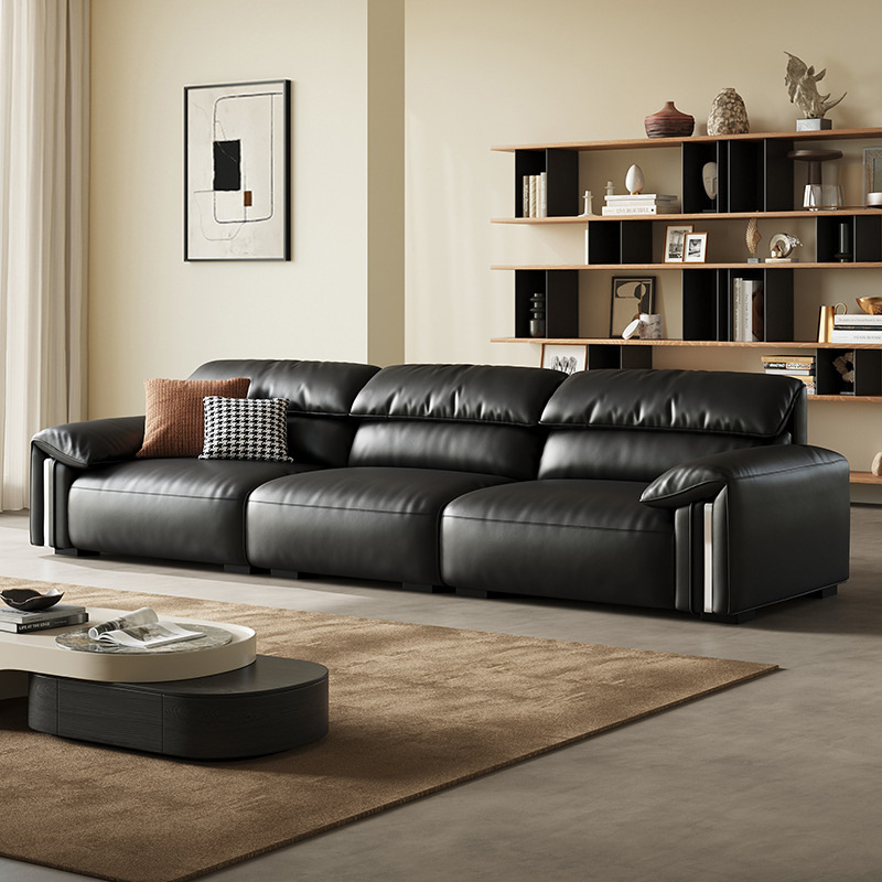 Italian Minimalist Leather Sofa Modern Home Living Room Black Straight Three-Seater First-Layer Cowhide Art Elephant Ears