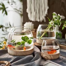 玻璃鱼缸造景微景观生态瓶日式木托水培植物水草花瓶桌面摆件批发
