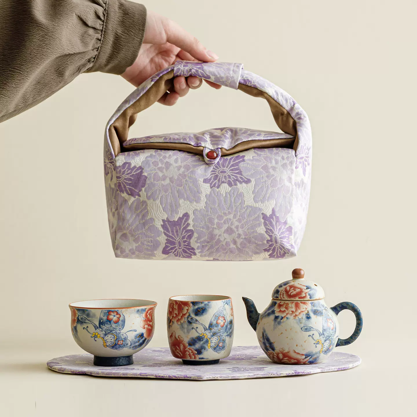 焦糖釉蝶恋牡丹如意壶一壶二杯旅行茶具户外露营便携带茶席快客杯