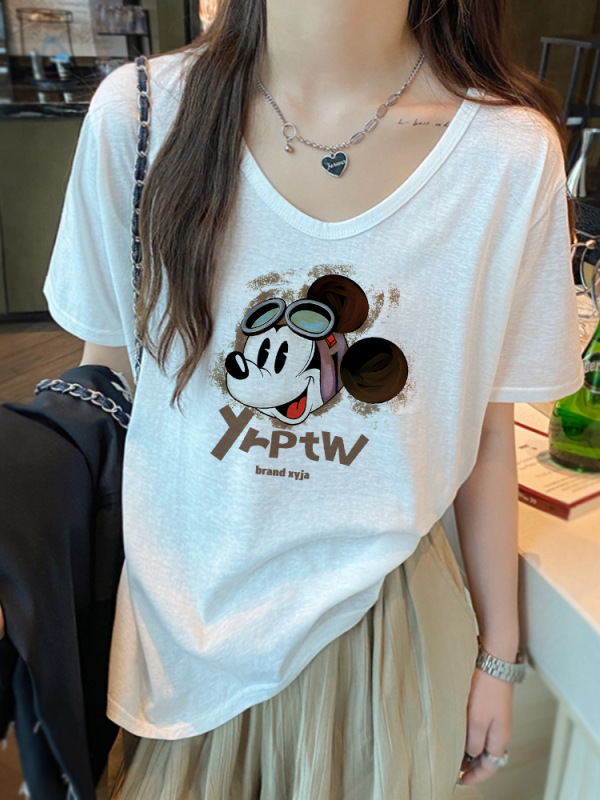 美式复古正肩V领短袖t恤女夏季竹节棉薄款大码宽松显瘦上衣小个子|undefined