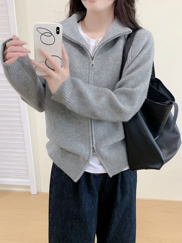 韩版2025年秋冬新款毛衣外套女简约宽松立领拉链毛针织开衫上衣女|undefined