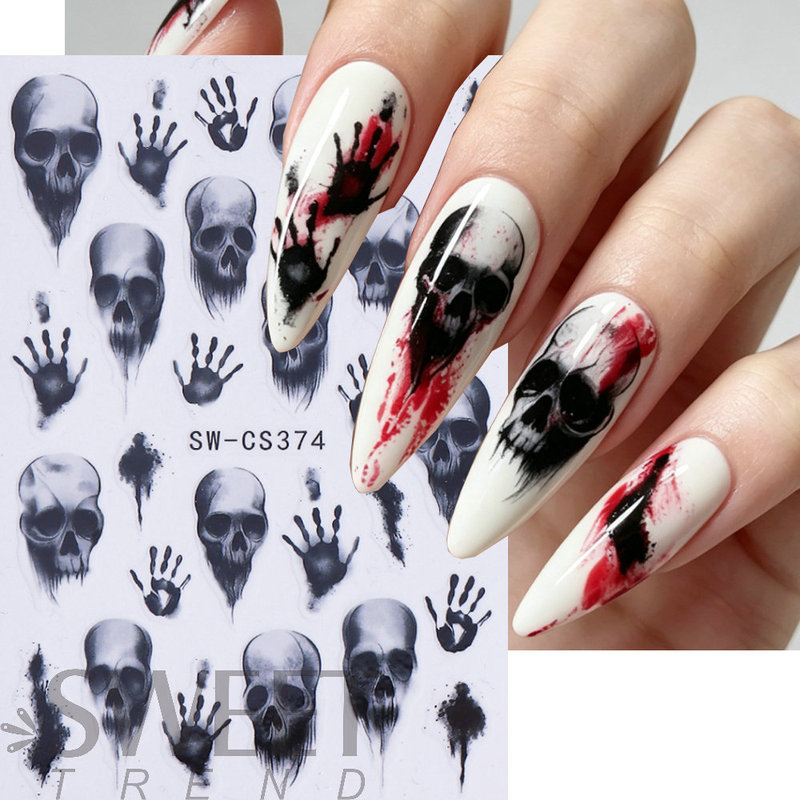 Cross-border Halloween Nail Art Stickers - Retro Dark Skull Handprint Black Ink Adhesive Nail Decals Decoration Cross-border Halloween Nail Art Stickers - Retro Dark Skull Handprint Black Ink Adhesive Nail Decals Decoration
