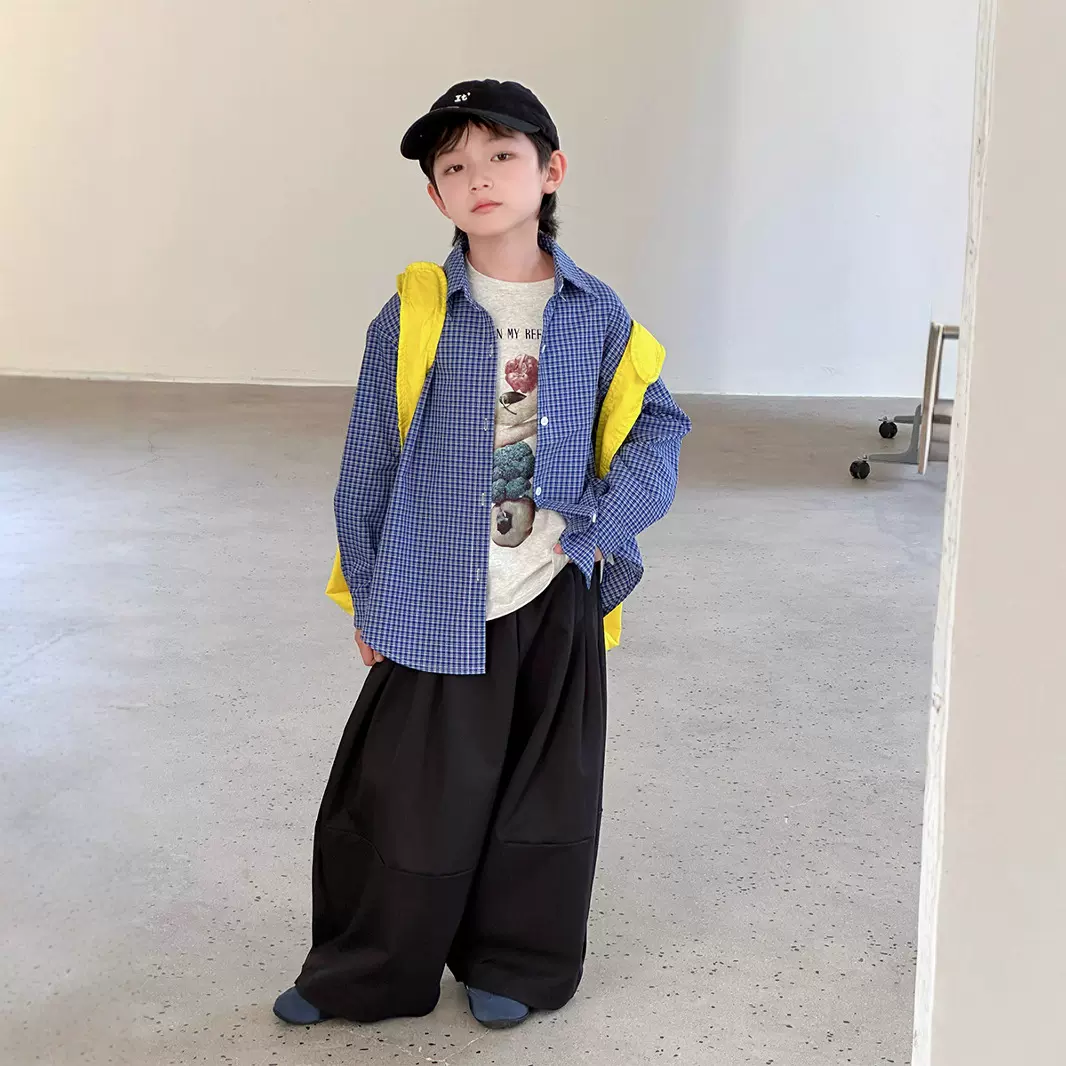 2025秋季新款韩版儿童宝蓝色格子衬衫男女童百搭翻领单排扣衬衣潮