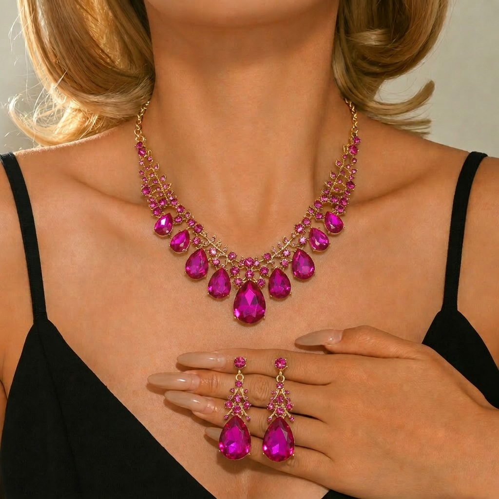 Conjunto de pendientes de collar exagerado retro europeo y americano, cadena de clavícula de gema de cristal, conjunto de joyería de dos piezas para mujer, accesorios de moda