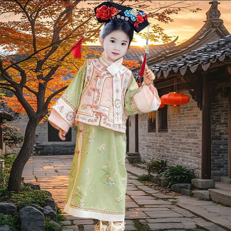 汉服女童格格春秋儿童中国古装25年旗袍清朝新款中式印花旗袍套装|undefined