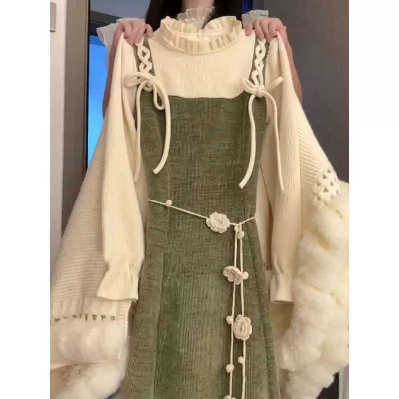 Французское платье с длинными рукавами в корейском стиле, новое зимнее свободное платье для похудения, длинное платье из двух частей