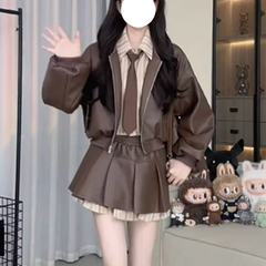 巨好看秋冬季设计感衬衫拼接皮衣外套显瘦半身裙三件套半裙
