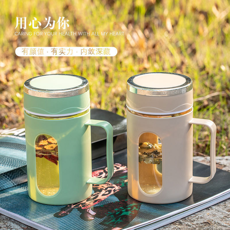 Insulated handle glass water cup, office tea glass cup with lid, push-type advertising gift, plastic glass cup