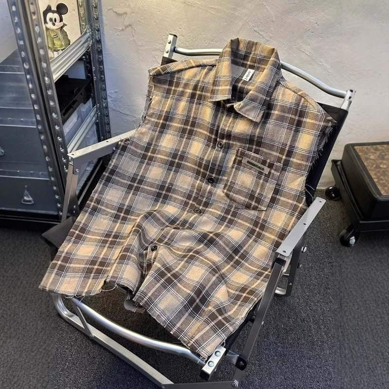 2025 New Arrival Retro Green Plaid Shirt Men's Spring and Autumn Design Sense Niche Shirt Jacket Vest Loose