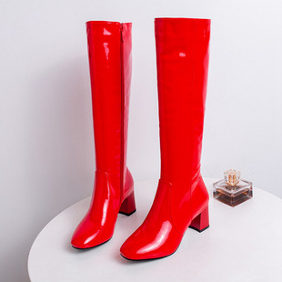 40-45 Boots European and American Foreign Trade Women's Shoes Simple Round Toe Thick Heel High Heel Side Zipper Boots But Knee High Boots