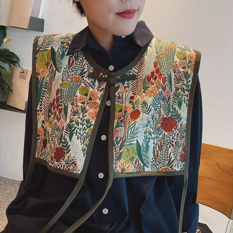 Trendy Ethnic Style Embroidered Small Shawl Vest Women's Lace-up Coarse Cloth Scarf Shoulder Spring and Autumn Decorative Internet Celebrity Fake Collar