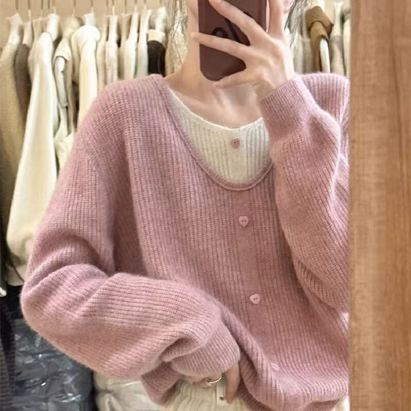 假两件拼接针织衫女春秋新款休闲风长袖套头毛衣洋气软糯上衣现货|undefined
